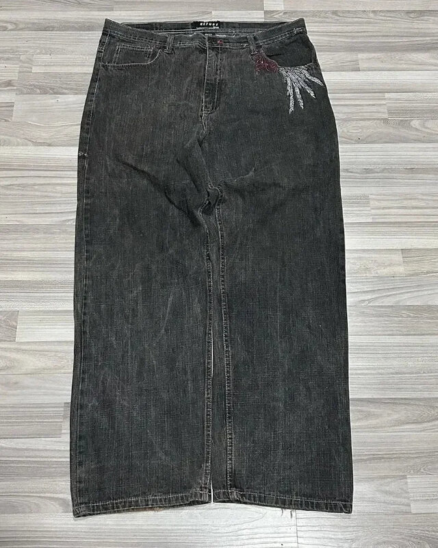 Американские винтажные вышитые прямые джинсы с популярным рисунком Y2K, новинка, уличные хип-хоп брюки с широкими штанинами для пар