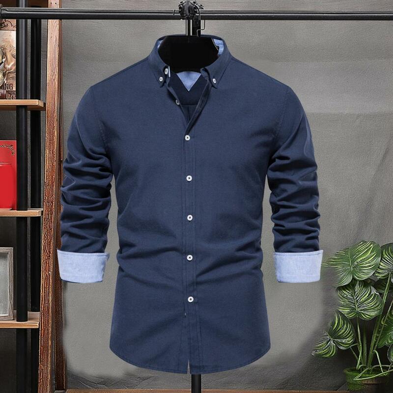 Solid Color Casual Shirt Soft Breathable Men's Cardigan Shirt with Lapel Single-breasted Buttons Mid Length for Fall Spring Men