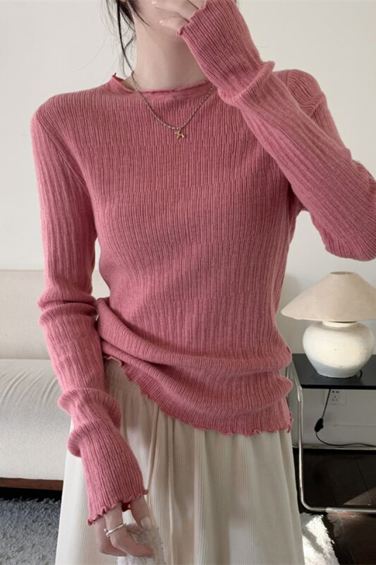 เสื้อจัมเปอร์คอเต่าสีชมพูพับได้สำหรับผู้หญิงเสื้อกันหนาวแขนยาวยืดหยุ่นสูงเสื้อ B115ผู้หญิงฤดูใบไม้ร่วงฤดูหนาว