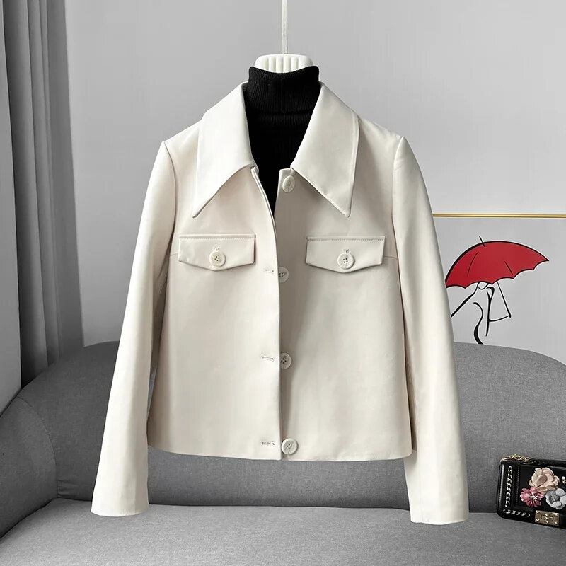 Mantel kulit asli wanita, pakaian luar kulit domba ramping putih untuk perempuan Musim Semi dan Gugur 2024