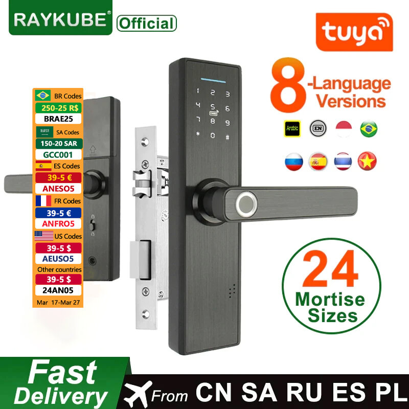 Raykube wifi fechadura da porta eletrônica com tuya app remotamente/biométrico de impressão digital/cartão inteligente/senha/chave desbloqueio fg5 plus/H4