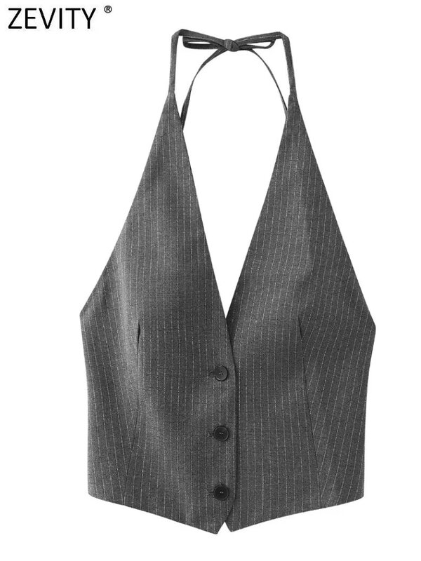 Zevity-Blusa corta con estampado a rayas para mujer, Top Sexy con espalda descubierta y lazo atado, chaleco elegante sin mangas con botonadura, LS5546