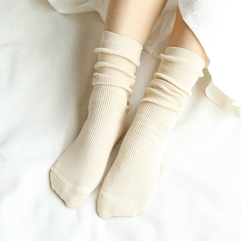 CHAOZHU  Japanese Korean High School Girls High Socks Loose Solid Colors Double Needles Knitting Cotton Long Socks For Women
