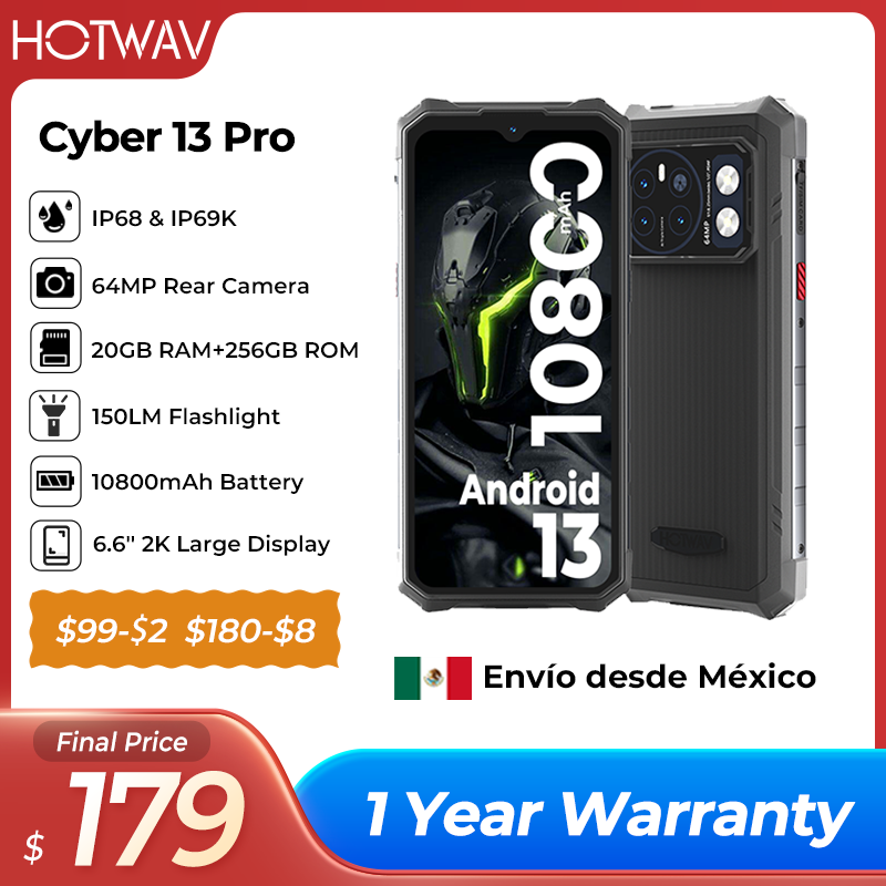 HOTWAV-Cyber 13 Pro Lanterna Robusta, Versão Global, 2K Display, Câmera Tripla de 64MP, 20GB, 256GB, 150LM, 6.6 '', 10800mAh Bateria
