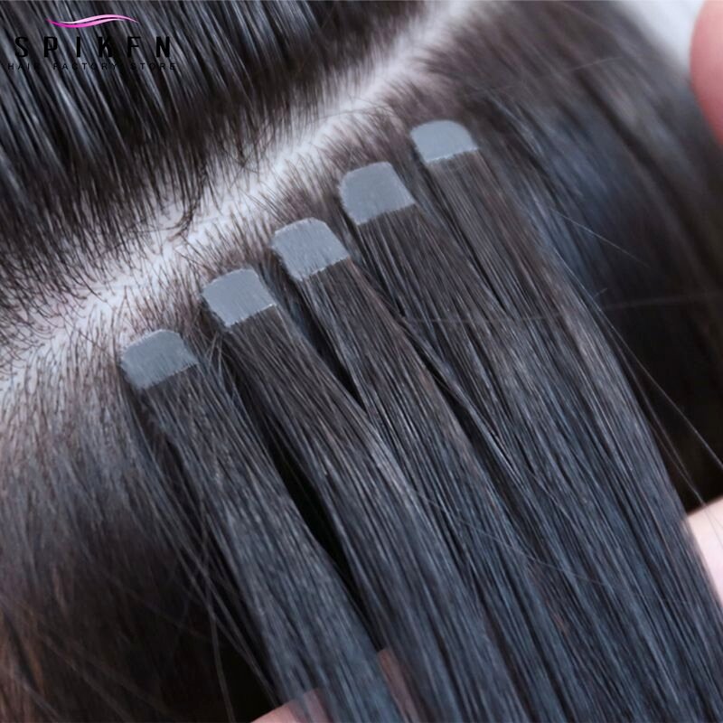 SPIKFN-Mini cinta recta en extensiones de cabello, cinta adhesiva de trama de piel Invisible, cabello humano, cabello Nautral, 12-24 pulgadas, 10 unids/lote por paquete