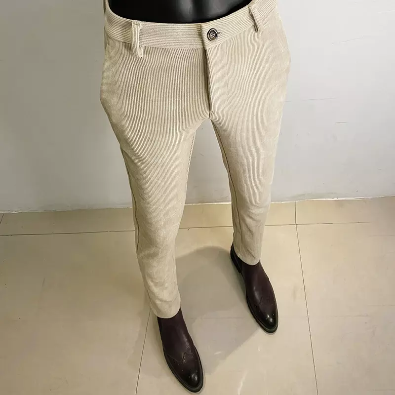 2023 jesienno-zimowe męskie spodnie spodnie sztruksowe wełniane grube spodnie Pantalones Hombre Stripe na co dzień wąskie spodnie dopasowana sukienka