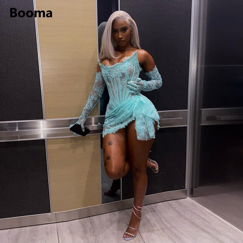 Booma-Sexy Teal Lace Mini vestidos de baile com luvas, transparente espartilho sem alças desossada, acima do joelho vestidos de festa, Night Clubbing