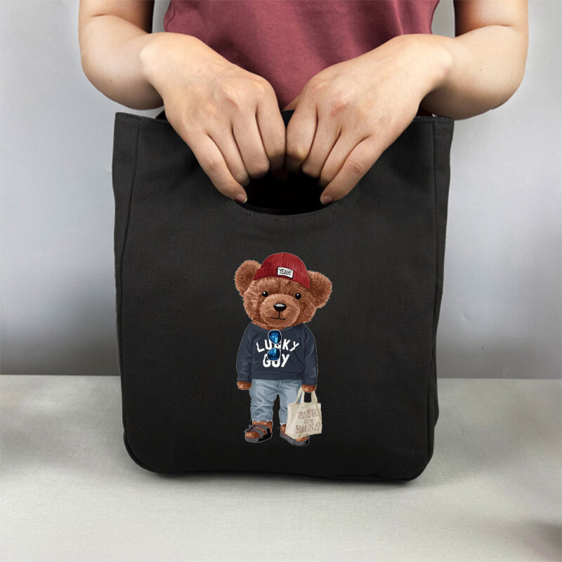 Saco de almoço portátil neutro lona isolamento lancheira urso boneca tote saco escritório geladeira recipiente saco de armazenamento tote