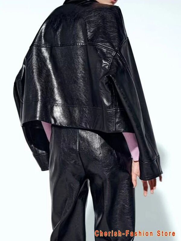 Куртка женская короткая кожаная с длинным рукавом, Свободный Повседневный жакет на пуговицах, с отложным воротником и карманами, черный цвет
