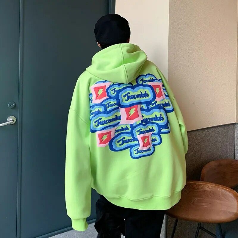 Sweater personality foam print letter hooded jacket hip-hop couple wear men's and women's pullover top fluorescent green  LOOSE