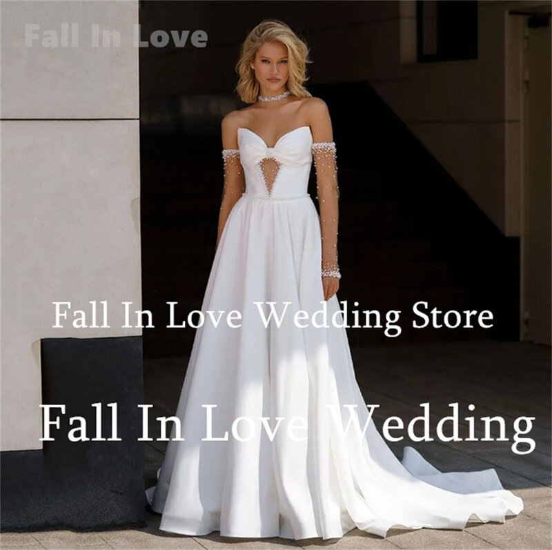 Fall In Love Sexy White Wedding Dress Sweethear Neck Sleeveless Beads Appliques A-Line Satin Bridal Gown Floor-Length Vestidos