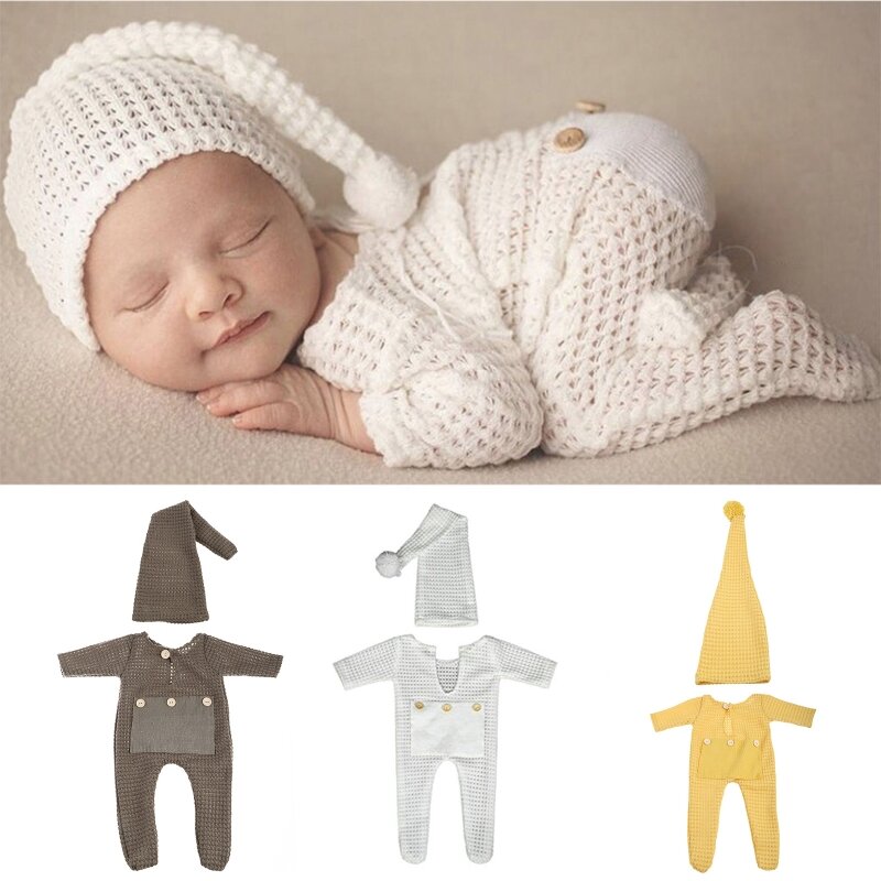 2 Pcs Newborn Photography Props Crochet Outfit Baby Romper Hat Set Infants Photo Cap Jumpsuit Bodysuit