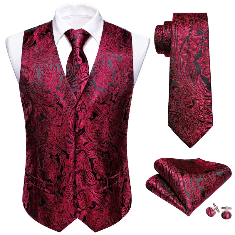 Silk Vest for Men Oversized  Black Silver Green Pink Red Purple Gold Slim Suit Waistcoat Hanky Cufflinks Set