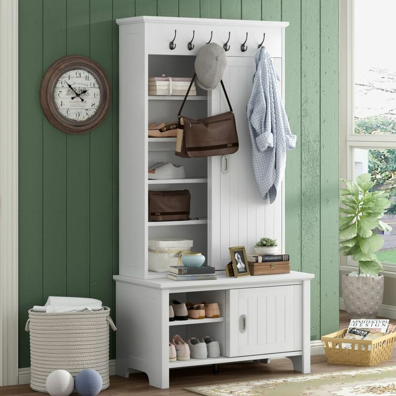 Hall Tree With Sliding Doors Modern Storage Cabinet With Bench Adjustable Shelves Coat Rack With Hooks For Living Room Entryway