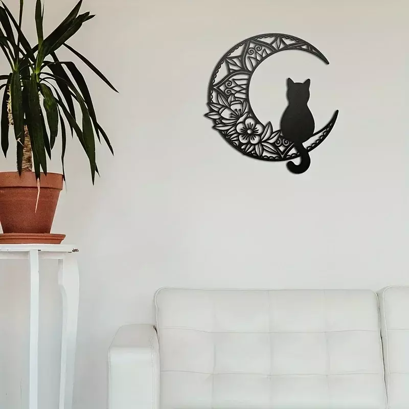 Décoration murale en métal chat et lune, chat noir sur le frontement mural de la lune, sculpture murale pour les amoureux des chats, cadeau de décoration d'intérieur, 1PC