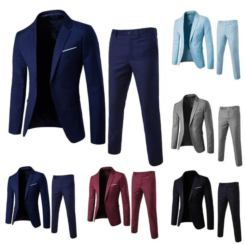 1 Set setelan Formal modis pria, Blazer celana kerah Turndown warna murni satu kancing Set pakaian sehari-hari