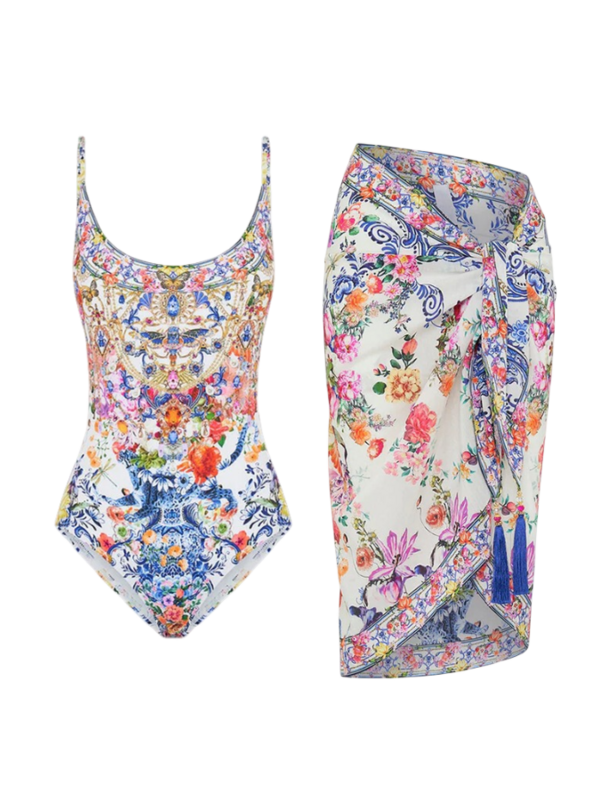 꽃무늬 프린트 원피스 수영복 및 커버업, 우아한 비키니, 럭셔리 휴가복, 여성 수영복, 2024 패션
