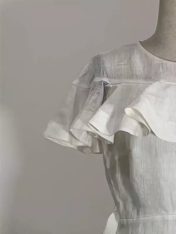 เสื้อคลุมสั้นผูกเชือกเอวชุดเดรสมีระบายของผู้หญิงคอกลมแขนสั้นเสื้อคลุมฤดูใบไม้ผลิ2024หวาน