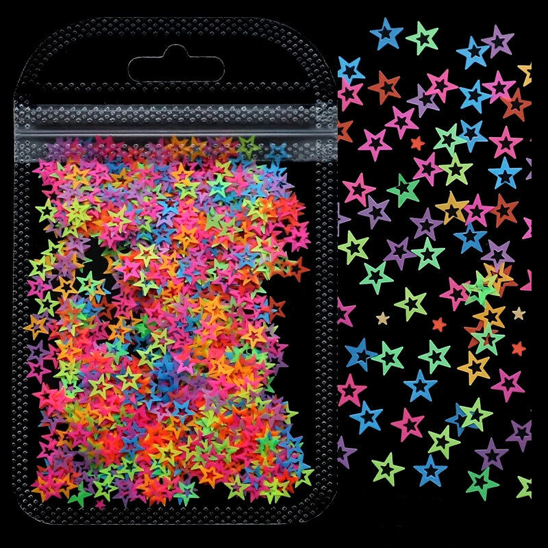 Hollow Star Neon Glittering lantejoulas para unhas, flocos holográficos brilhantes, acessórios de manicure DIY, 10g por saco