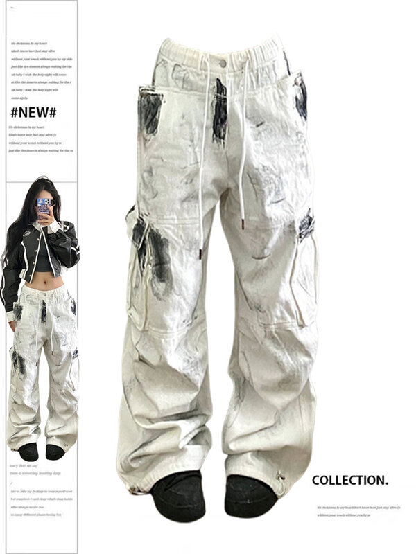 Damskie białe dżinsy Cargo Y2k 90s Vintage wysoki stan szerokie nogawki spodnie jeansowe Harajuku workowate spodnie dżinsowe 2000s tandety 2023