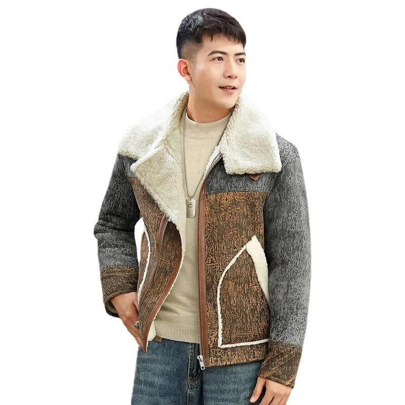 Manteau de fourrure de mouton naturel pour hommes, veste en cuir, revers court, vêtements en cuir véritable, vestes en fourrure pour hommes, mode originale