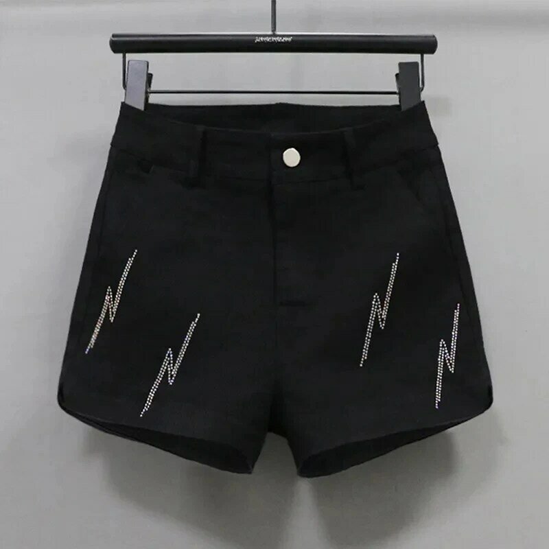 Celana pendek DENIM สีดำสำหรับผู้หญิง2024ฤดูใบไม้ผลิ/ฤดูร้อนกางเกงเอวสูงยางยืดทรงเอไลน์กางเกงลำลองใหม่