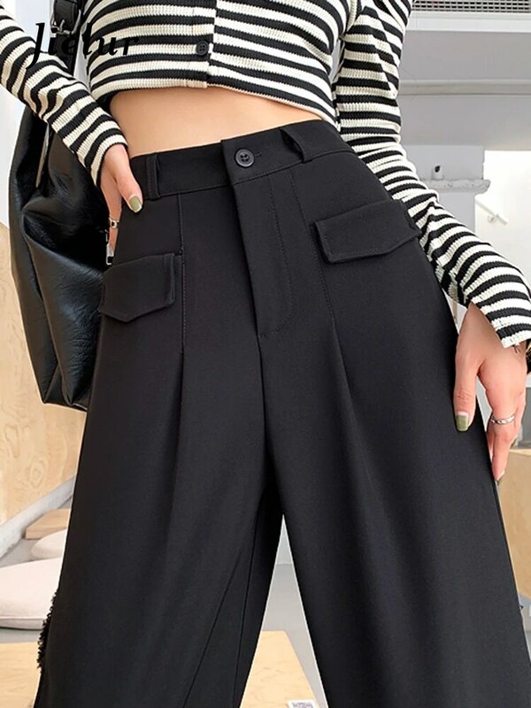 Jielur pantaloni da donna Slim larghi dritti neri colore puro tasche Casual Chic cerniera moda donna pantaloni da ufficio Basic Lady