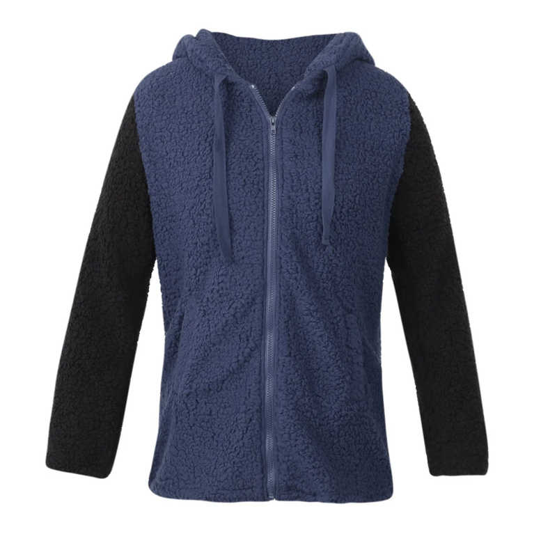 여성용 캐주얼 코트 패션 루즈 컬러 블로킹 모자, 두꺼운 플리스 헤어 네크라인 포켓 재킷, XL 네이비 블루