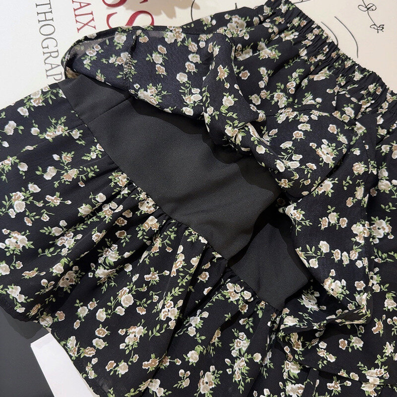 Мини-юбка трапециевидная с высокой талией, модная винтажная однотонная элегантная уличная одежда в стиле Харадзюку, с эластичным поясом и цветочным принтом, лето