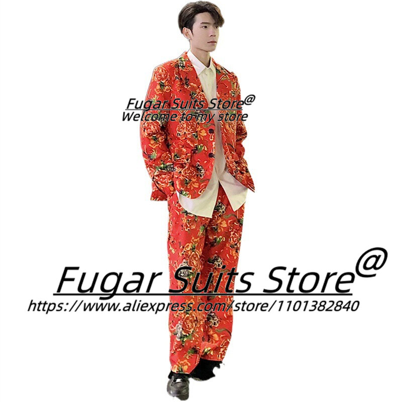 China Fashion Red Jubelende Heren Pakken Slim Fit Peak Revers Op Maat Gemaakt Bruidegom Formele Smoking 2 Stuks Sets Traje De Hombre Elegante