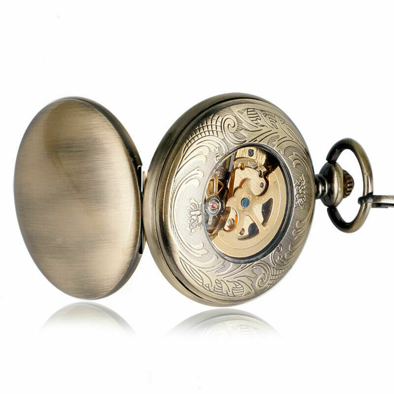 Mens Vintage Mechanical Pocket Watch Smooth Bronze Tone Case Luminous Dial Roman Number FOB Watches Nice Gift