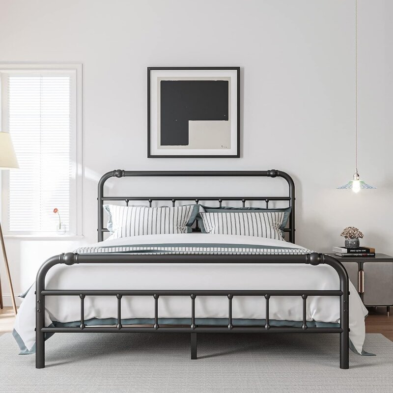 BOSRII Queen Size Bed Frame with Headboard and Footboard, 18 Incrt for Mattress, No Box Spring Needed, Noise-Free, Black