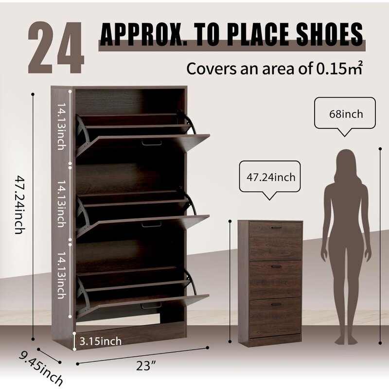 Shoe Cabinet with 3 Flip Drawers, Walnut Brown Freestanding Storage Racks Shoe Organizers Perfect for Heels, Boots, Slippers