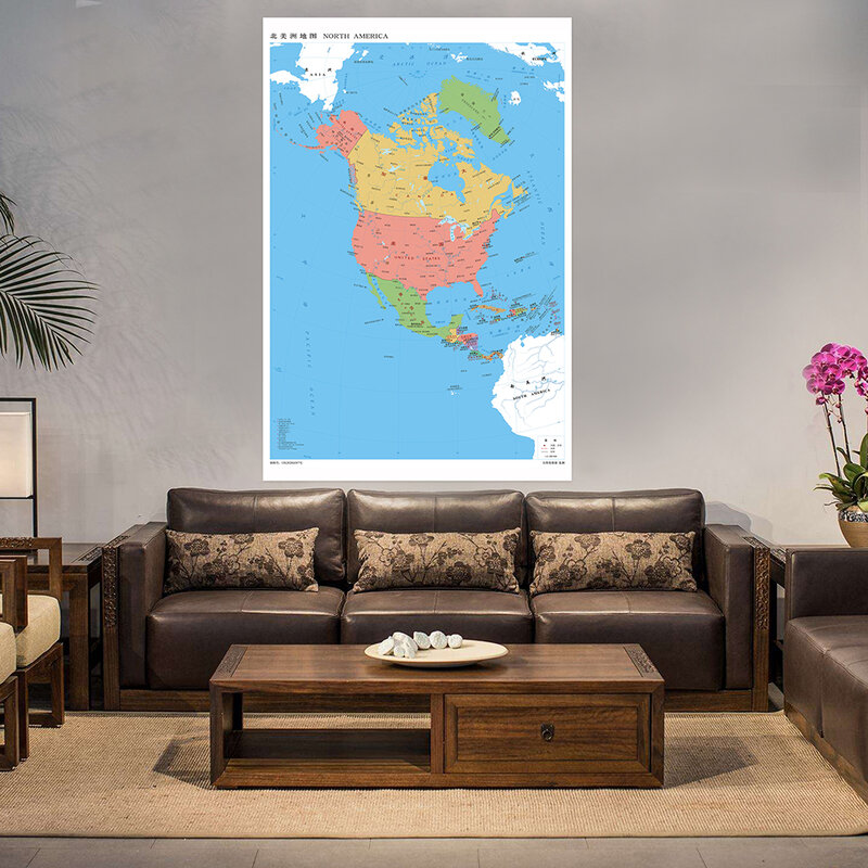 Mapa de América del Norte Vertical, 150x225cm, tela no tejida, pintura, impresiones decorativas, suministros escolares, decoración del hogar y sala de estar