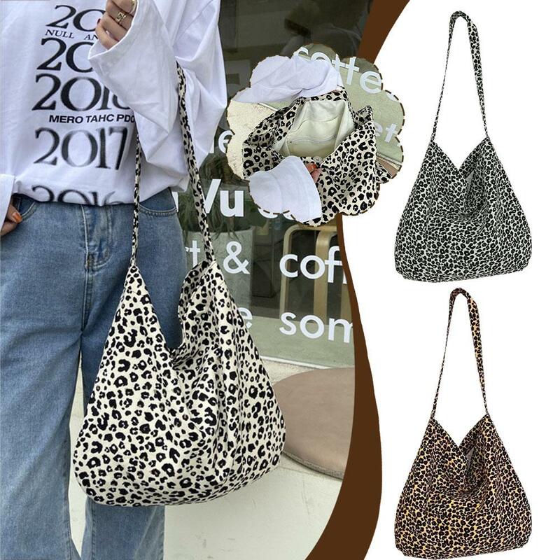 Tas kurir motif macan tutul, tas belanja untuk wanita kapasitas besar, tas Satu bahu Mode Korea, tas kanvas kasual serbaguna W6K6