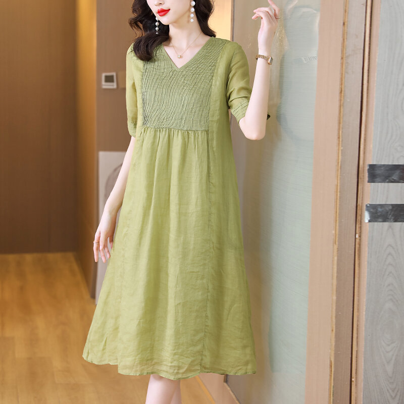 New Summer 2024 Ramie Silk Short Sleeves Fashionable Dress Loose Size Medium Length Pressed pleated Thin Hemp Slim Long Dress