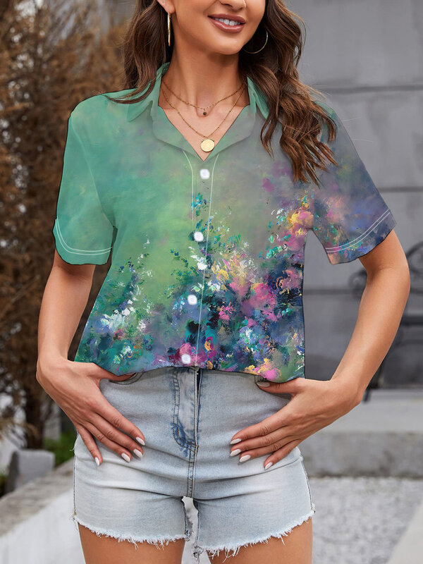 Chemise à revers à manches courtes pour femmes, graffiti aquarelle coloré, impression numérique 3D, mode ample, haut décontracté pour femmes, été