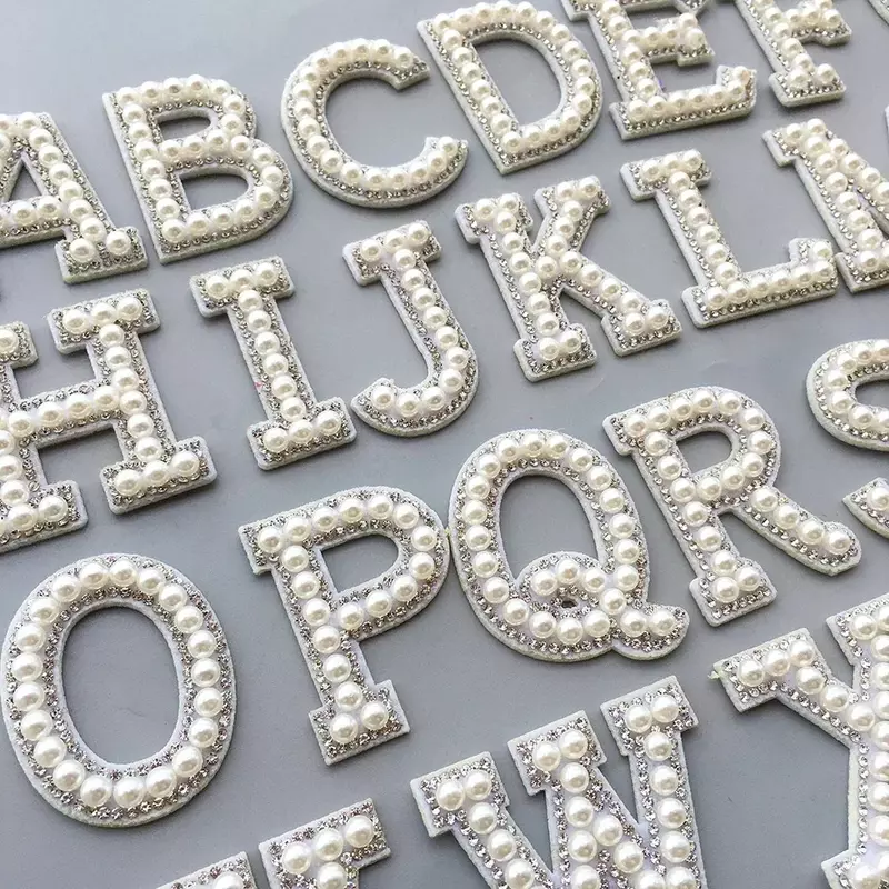 Imitation Pearl Embroidery Patch Rhinestone Crystal DIY Letter Alphabet Sticker Iron on Patches Fabric Accessories for Cloth Bag