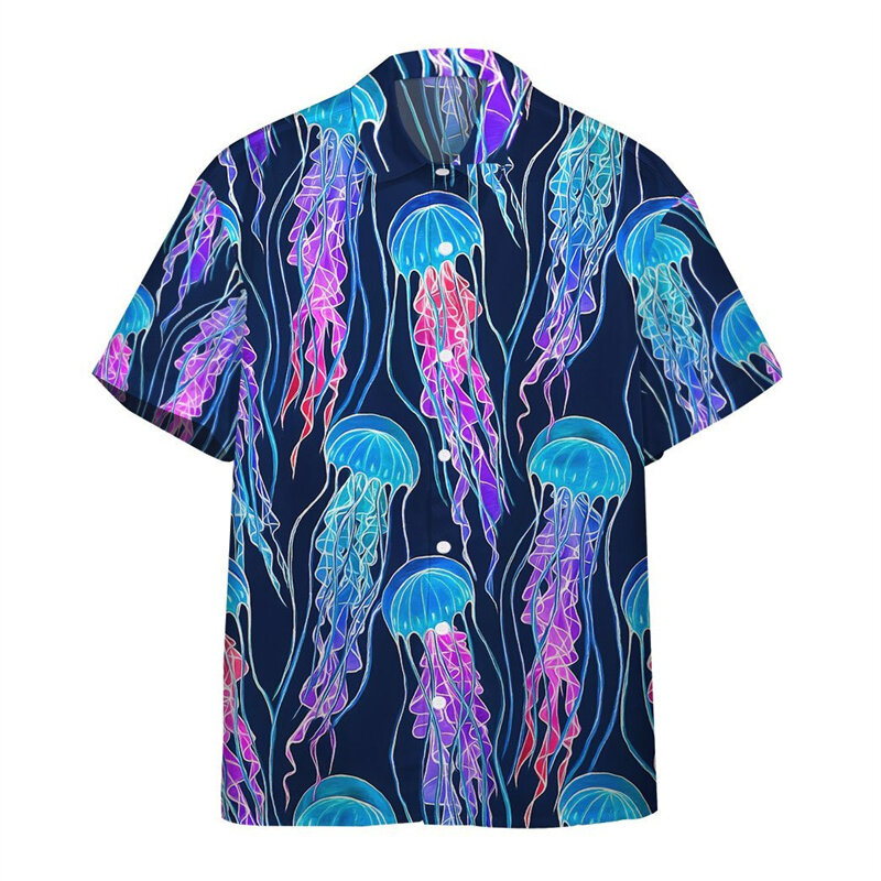 Camisa Aloha con estampado 3D de animales marinos para hombres, Blusa de manga corta con solapa de gran tamaño, patrón de medusas y peces de dibujos animados