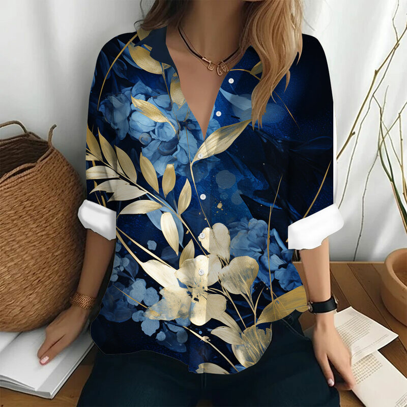 Camisas y blusas con estampado de hojas para mujer, camisa informal elegante de manga larga, camisas sueltas de verano