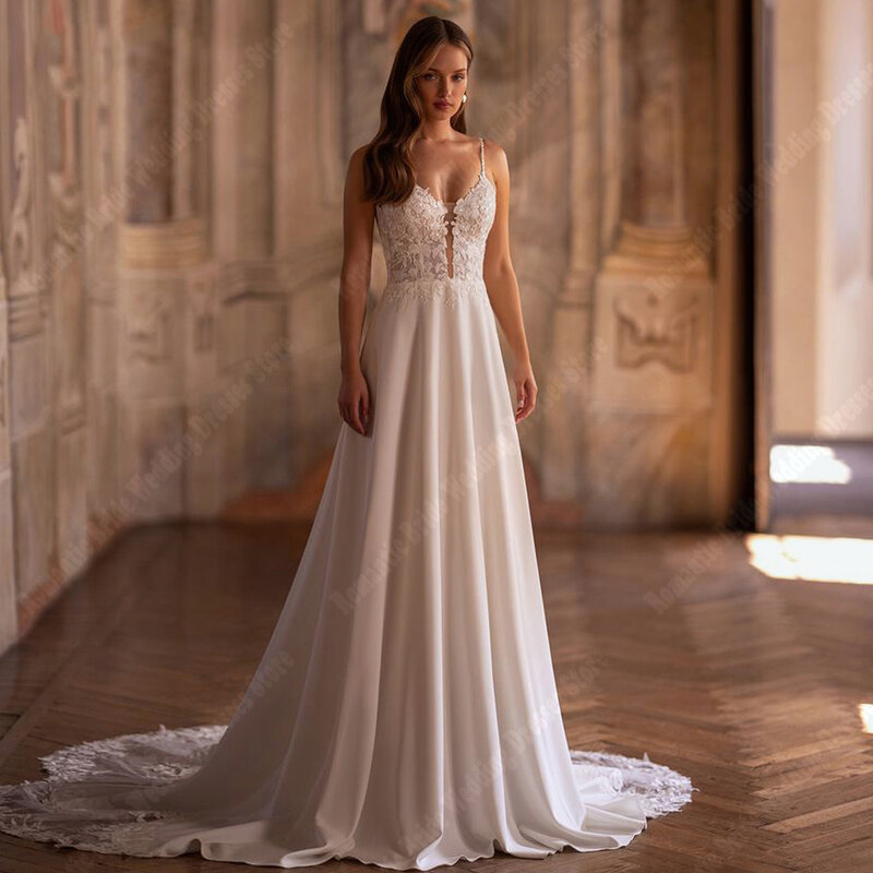 Gaun pernikahan A-Line Tulle berkilau elegan 2024 gaun pengantin leher V rendah seksi menarik gaun pesta pertunangan Vestidos De Novias
