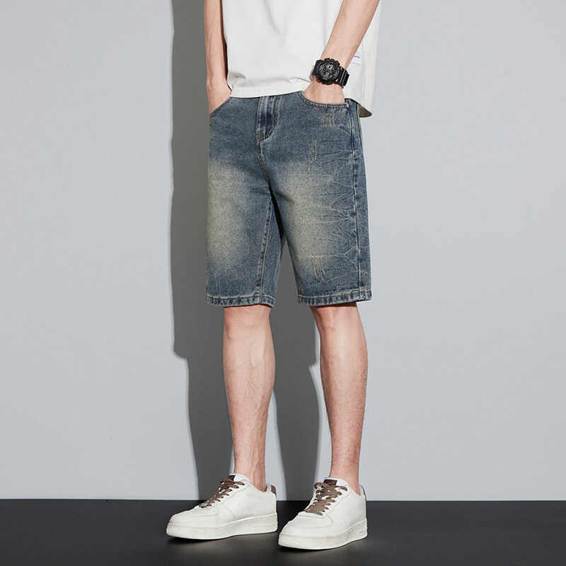 Men Denim Shorts Jeans 2024 Summer Shorts Fashion Pockets Retro Blue Men's Shorts Straight Slim Vintage Knee Length Pants