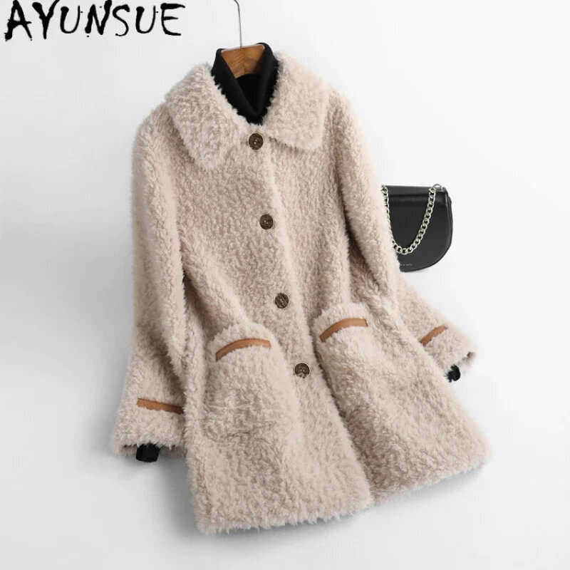 AYUNSUE mantel wol wanita, jaket cukur domba elegan musim gugur musim dingin 100%, mantel bulu Single-breasted kasual baru 2024