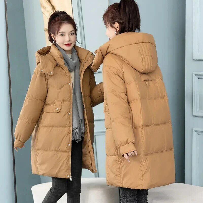 Jaket panjang sedang katun wanita, jaket parka tebal hangat Korea musim dingin 2023