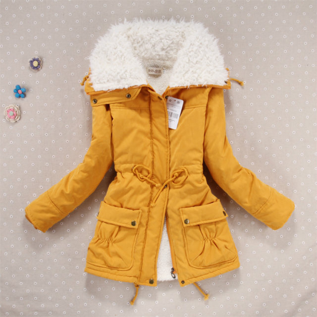 Winter cotton jacket, solid color, medium length drawstring, waist up, slimming sheepskin cotton jacket, cotton dress for women