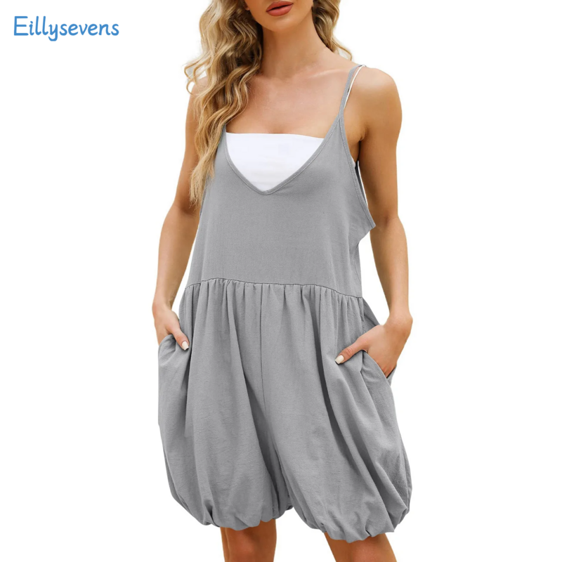 Women'S New Shorts Jumpsuits Summer Fashion  Loose Solid Sleeveless Adjustable Straps Shorts Jumpsuits Casual V-Neck Jumpsuits