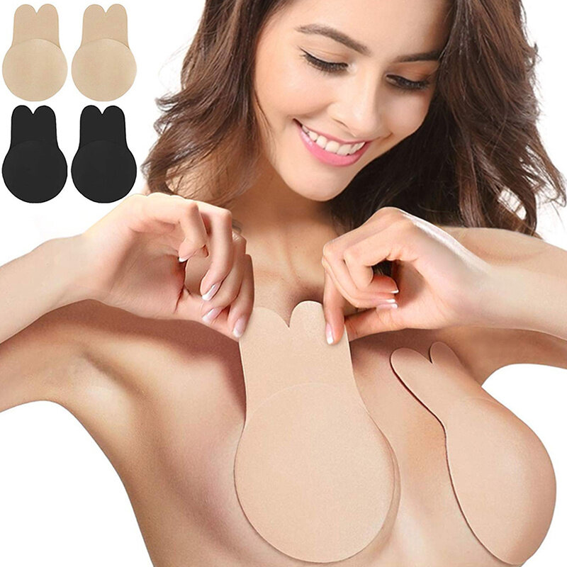 Sutiã invisível sem alças de silicone auto-adesivo para mulheres, sutiãs push up, fita adesiva reutilizável do peito, almofadas de mamilo de coelho