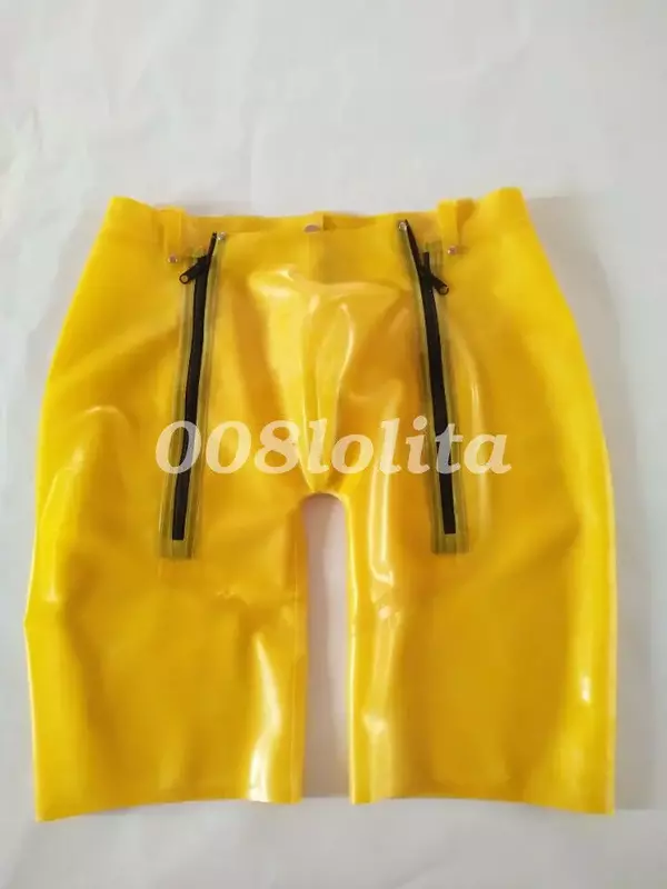 100% Latex Rubber Men Sexy pantaloncini attillati slip Yellow ziple 0.4mm Size