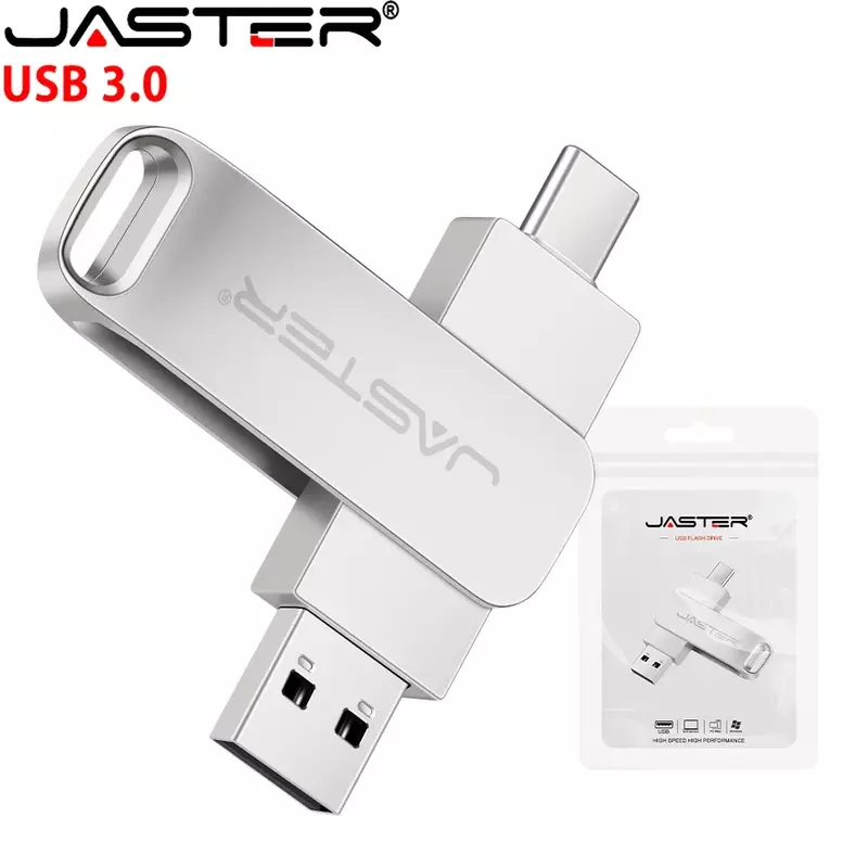 USB แบบหมุนได้3.0แฟลชไดร์ฟ128GB 2 in 1 tpye-C หน่วยความจำ64GB ไดรฟ์ปากกาโลหะเงินความเร็วสูง32GB แฟลชไดร์ฟ16GB