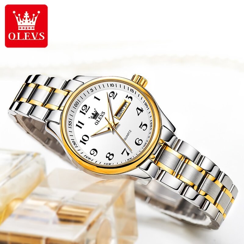 OLEVS-Relógio Quartzo de Luxo Feminino, Relógios Elegantes em Aço Inoxidável, Relógio Luminoso, Impermeável, Semana e Data, Vestido Feminino